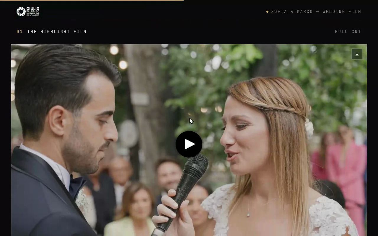 A cinematic wedding film playing in a Galerist gallery, letterboxed like a theatre screen